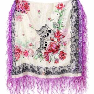 Elegant Floral Scarf with Purple Fringe